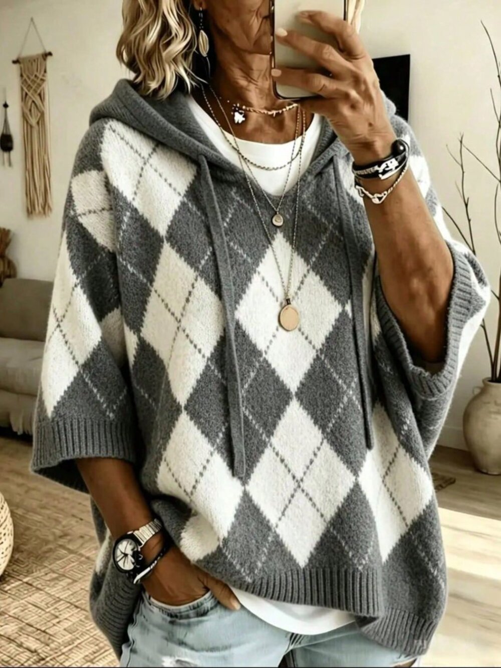 Grey Casual Women's Plus Size Hooded Drawstring Sweater